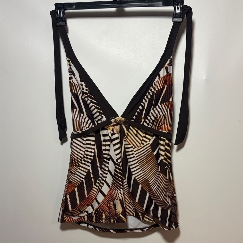 Anne Cole Black, White and Brown Printed V-Neck Swim Tankini top.